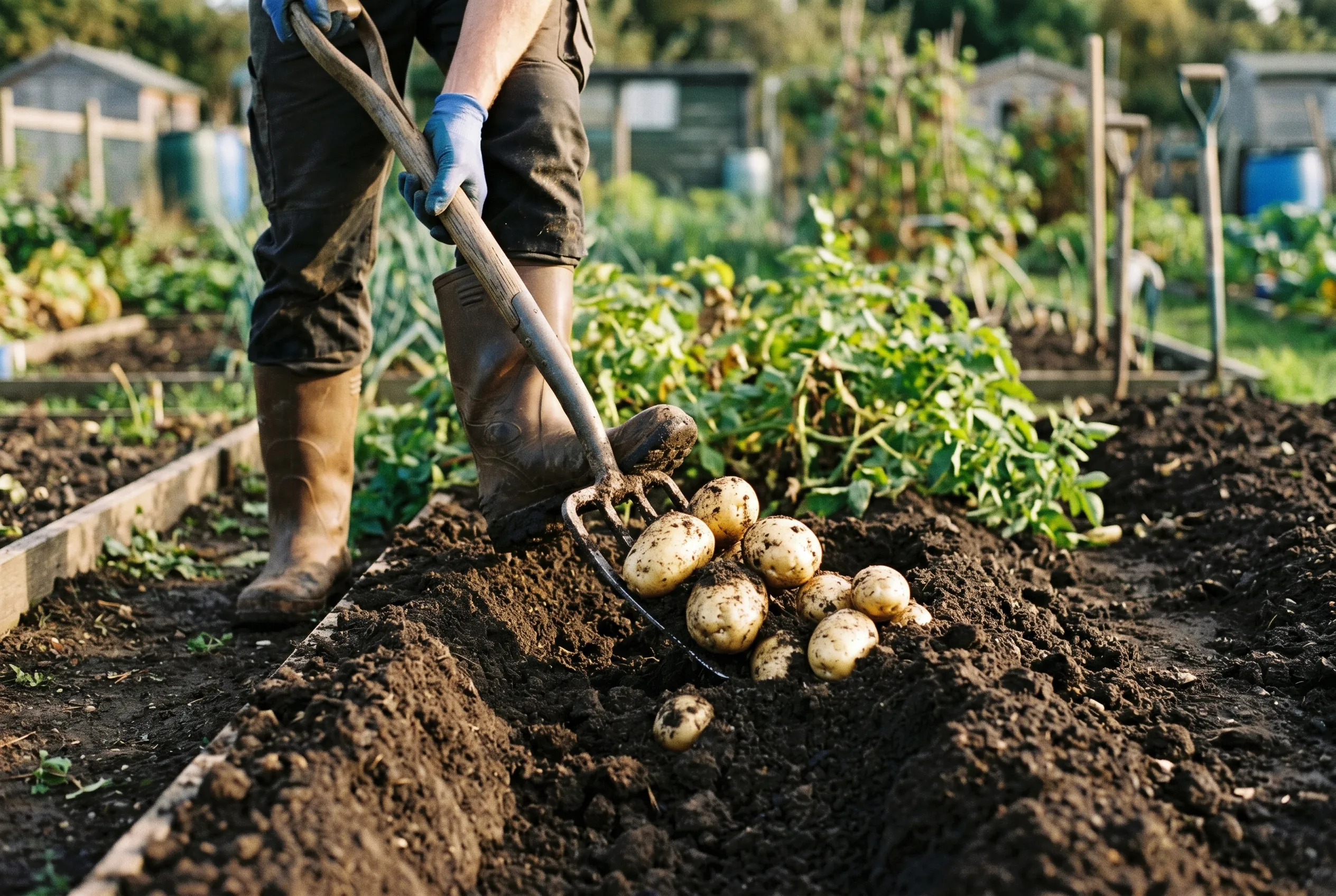 Garden fork lifting a cluster of clean pale-skinned potatoes from a dark soil ridge