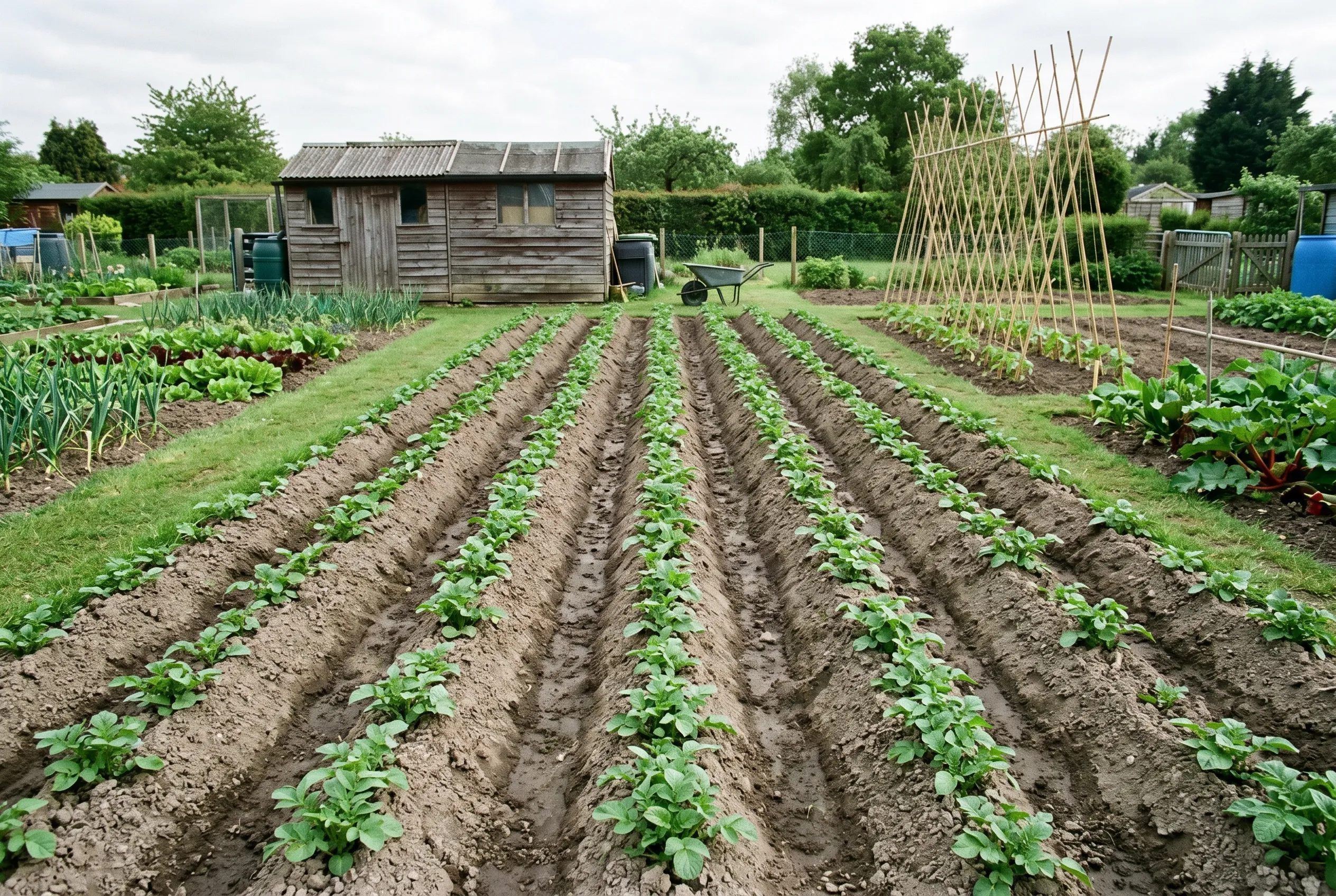 Neat parallel ridges of earthed-up potatoes on a tidy UK allotment with foliage emerging from the mounds