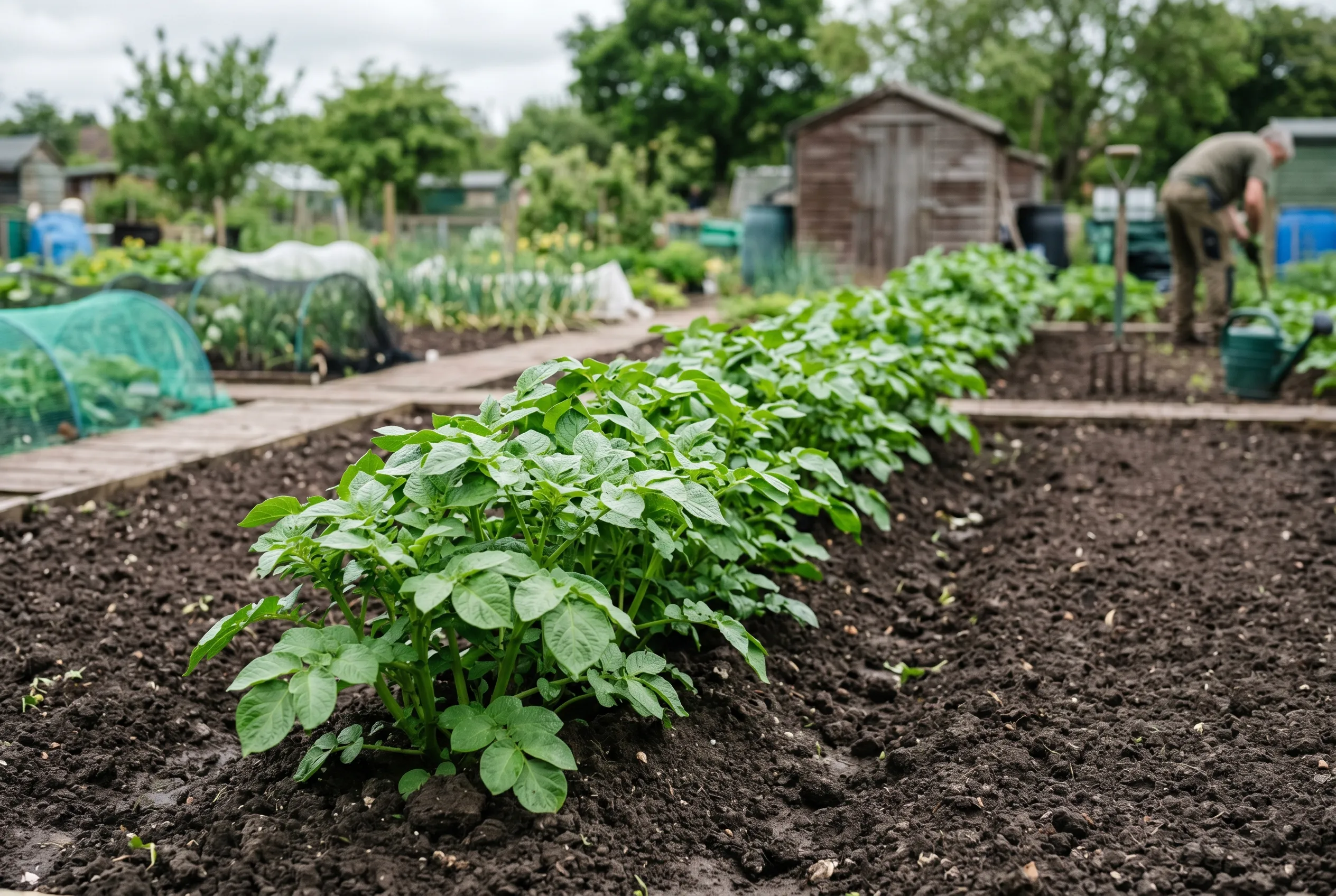 Row of healthy green potato shoots about 20cm tall in dark soil, ready for the first earthing up
