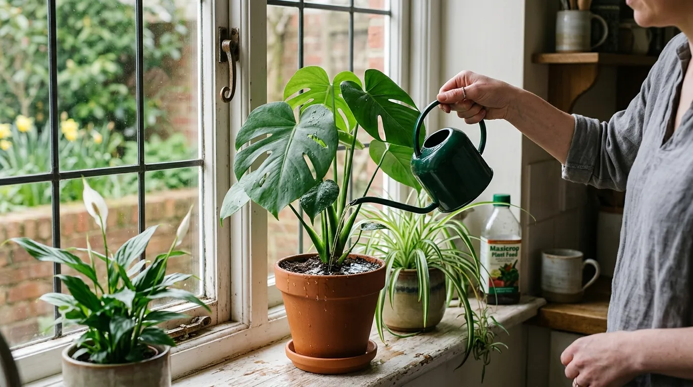 A hand pouring diluted houseplant feed from a watering can onto a monstera on a UK kitchen windowsill