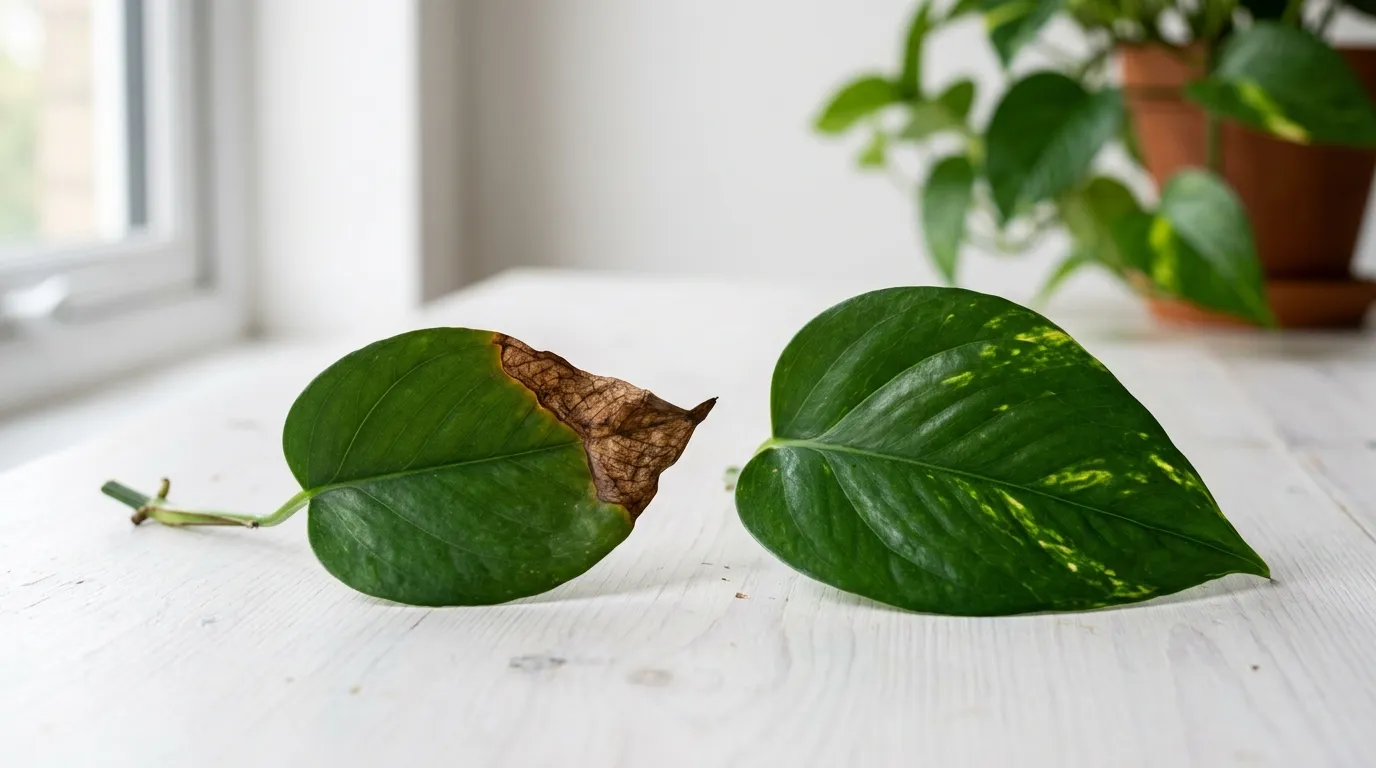 A leaf scorch comparison showing healthy and over-fed houseplant leaves side by side