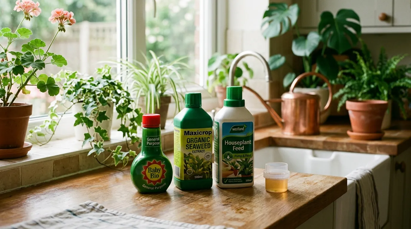 Three UK houseplant feed bottles on a kitchen counter with a measuring cap