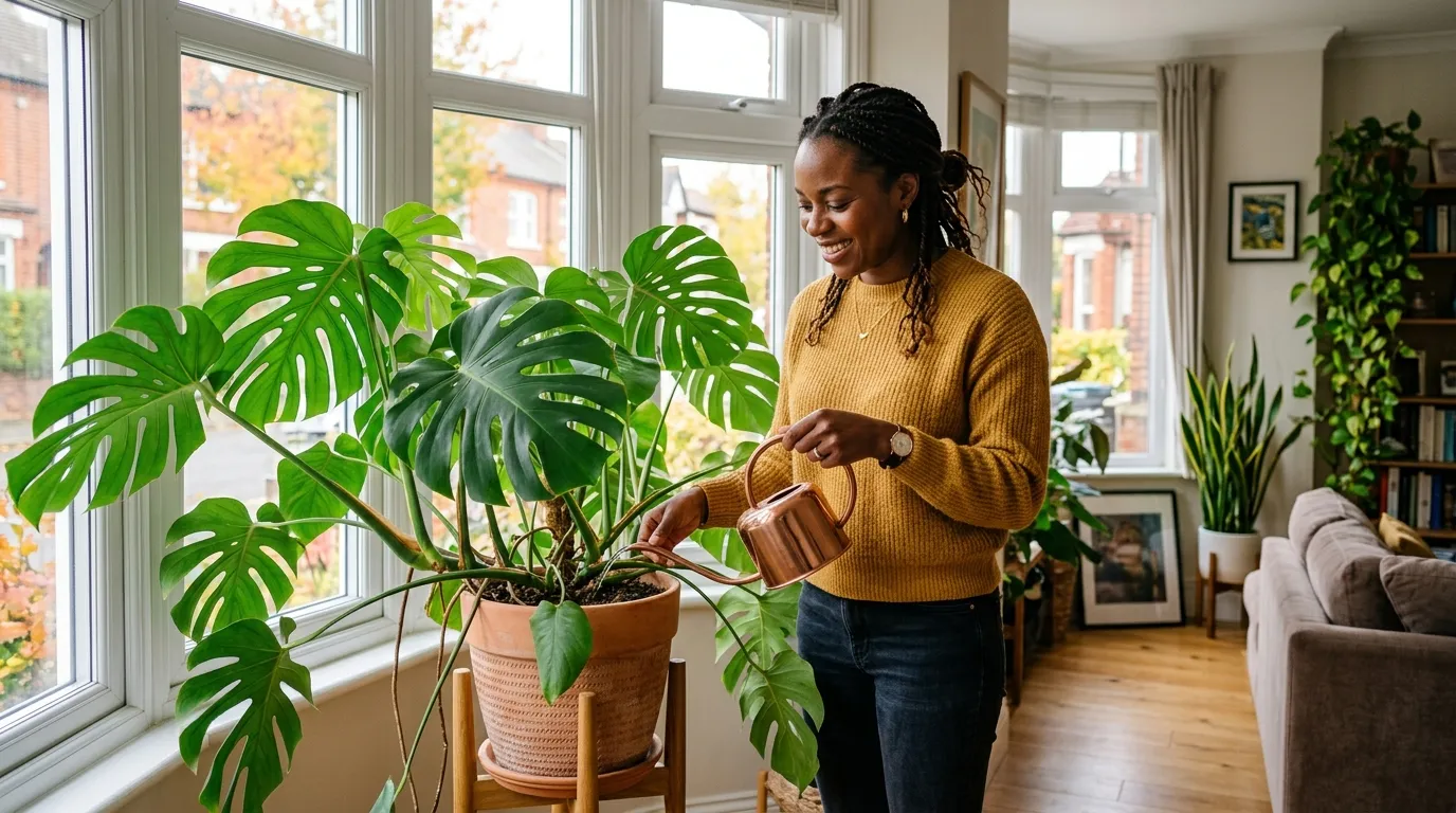 A Black British woman feeding a monstera with a small watering can in a UK living room