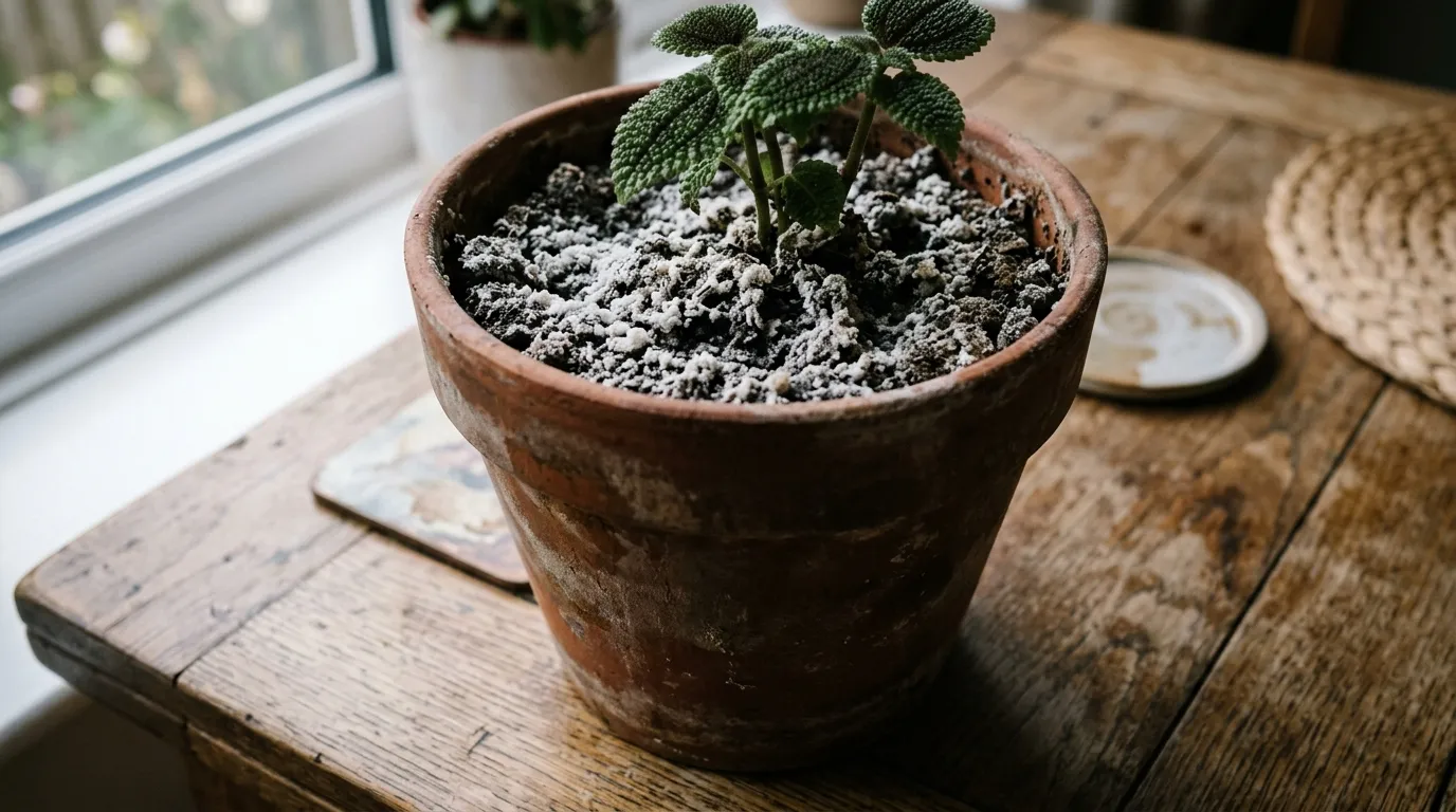A salt crust visible on the compost surface of a houseplant pot from overfeeding