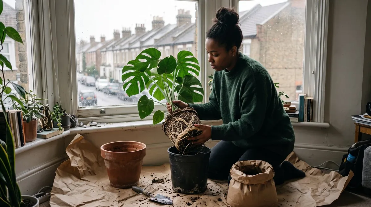 Woman sliding a root-bound monstera out of its pot at a windowsill, ready to move it into a larger pot