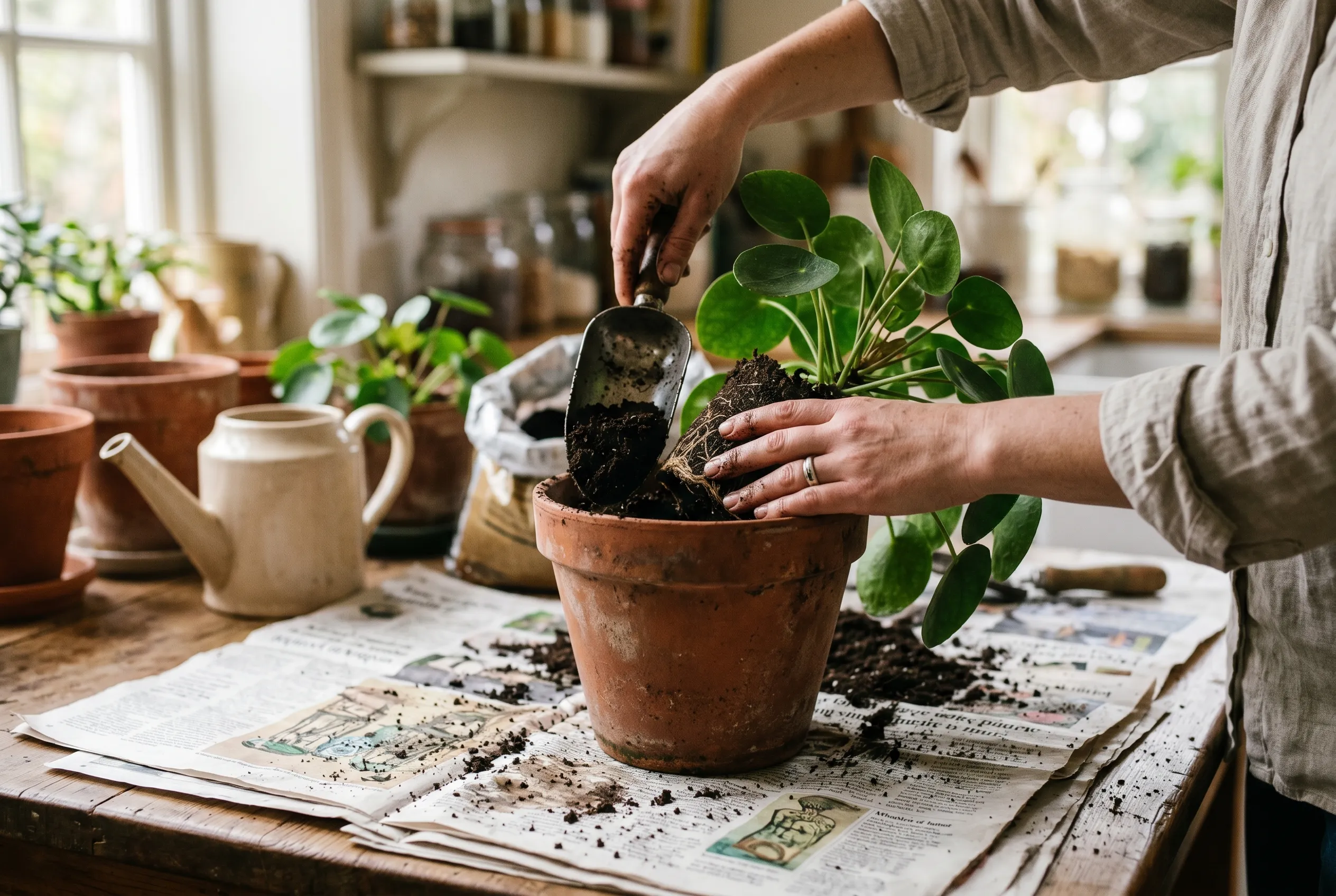 Hands settling a houseplant into a larger pot and adding fresh compost around the rootball on newspaper
