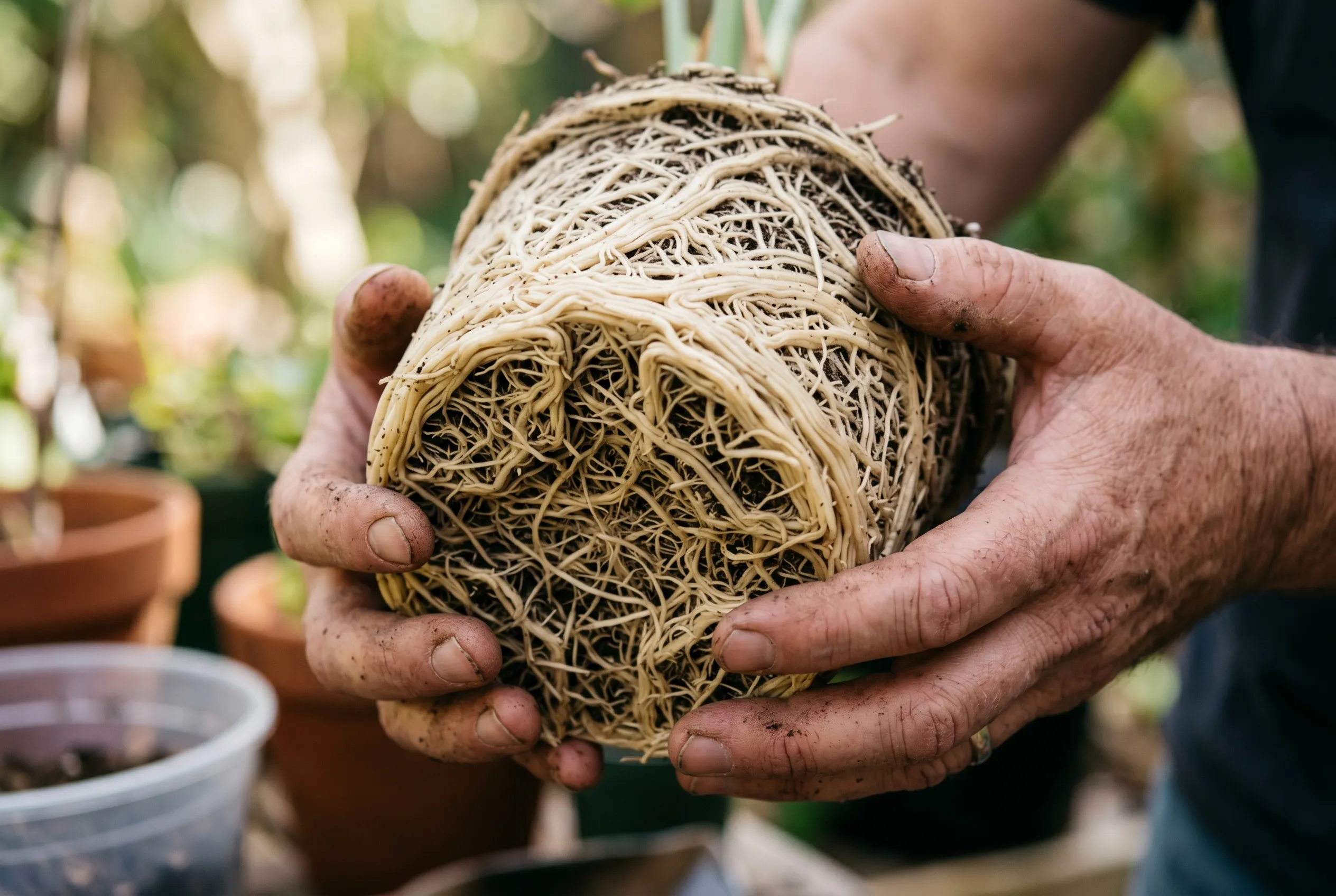A dense root-bound rootball pulled from a pot, pale roots tightly circling with almost no compost visible
