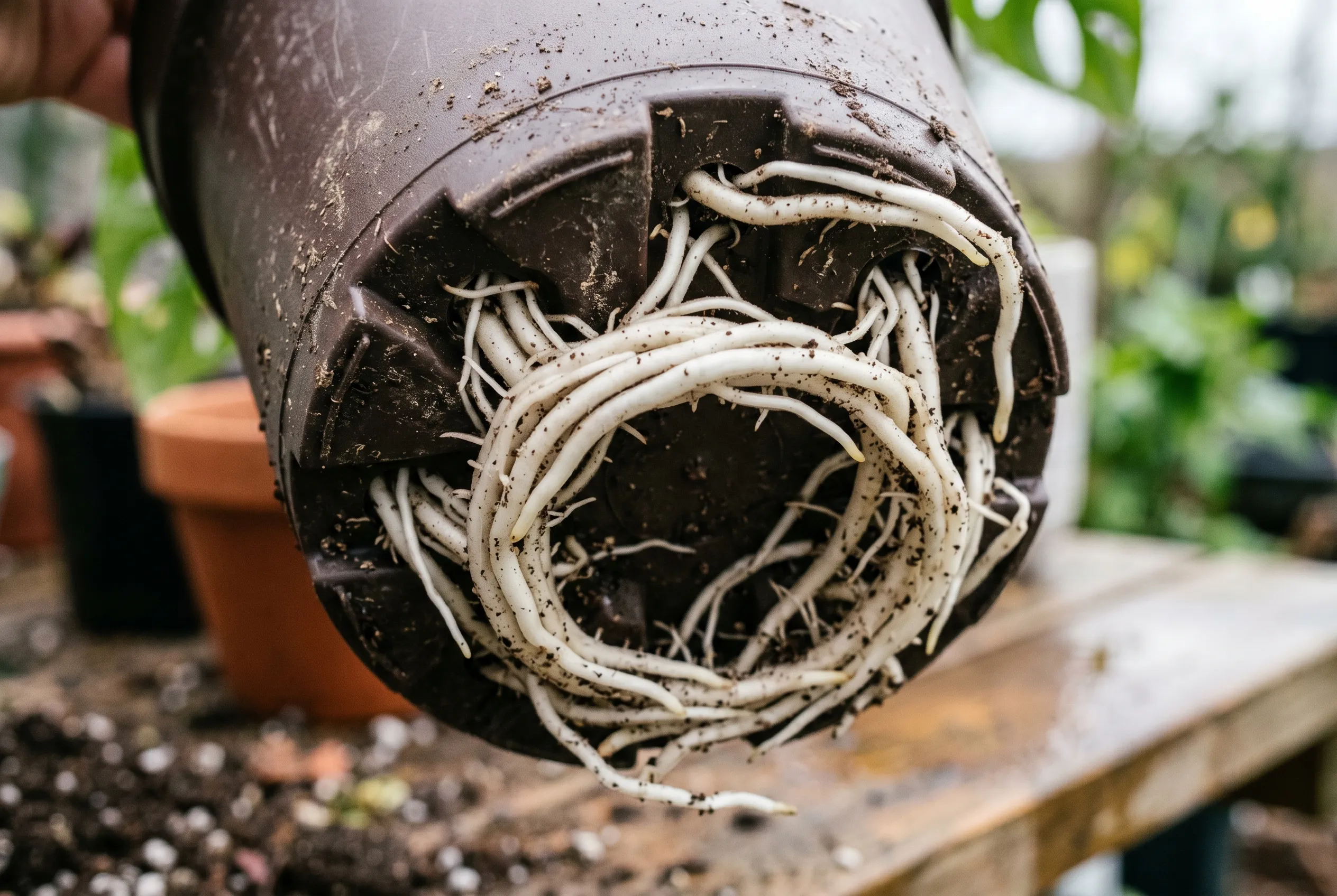 The underside of a plant pot with thick white roots growing out through the drainage holes