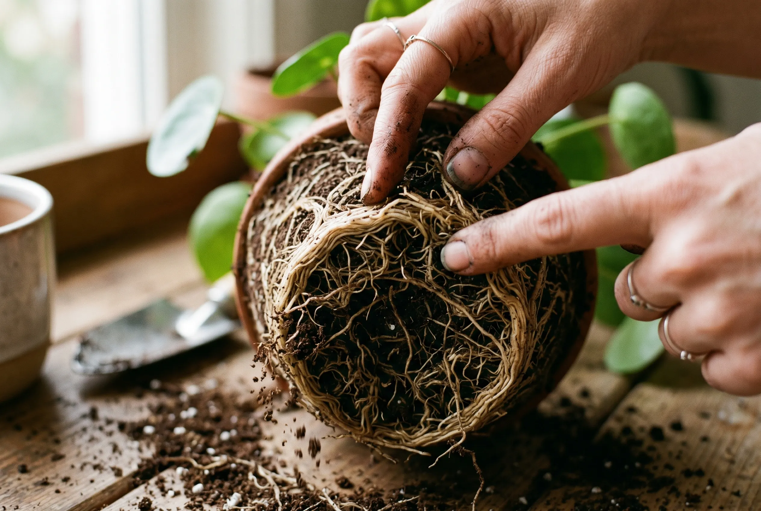 Fingers gently teasing apart the tightly circling roots at the base of a houseplant rootball before repotting