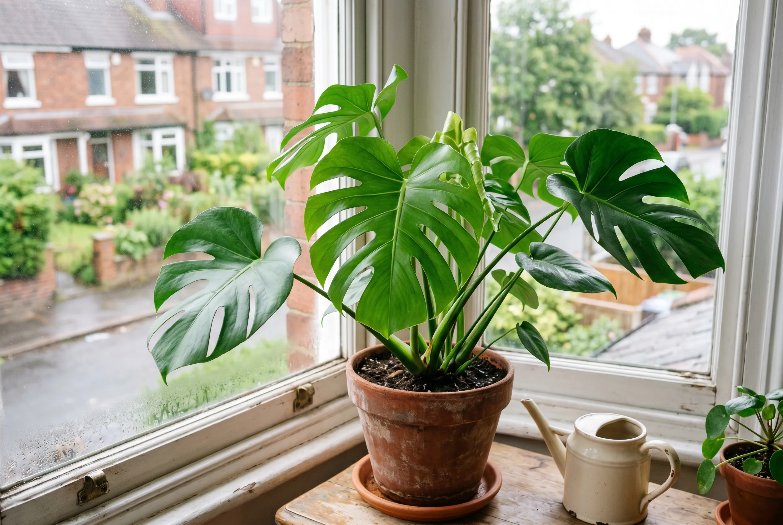 A thriving healthy glossy monstera houseplant with large green leaves in a fresh pot on a UK windowsill
