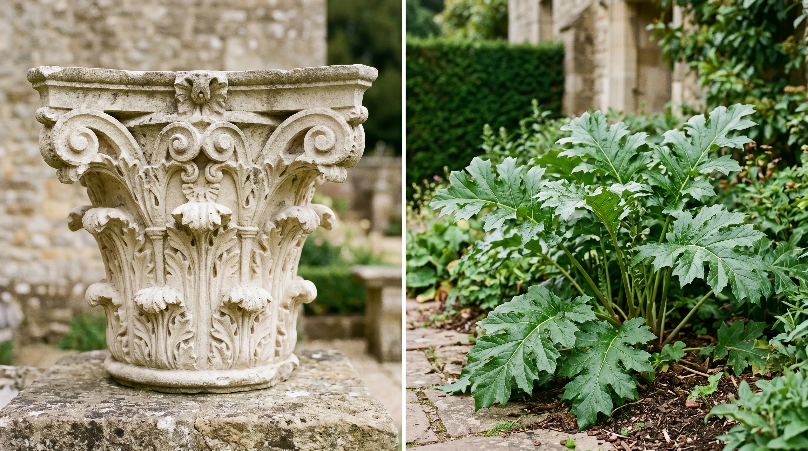 Cotswold heritage garden bed with Acanthus mollis next to a Corinthian column capital for botanical reference
