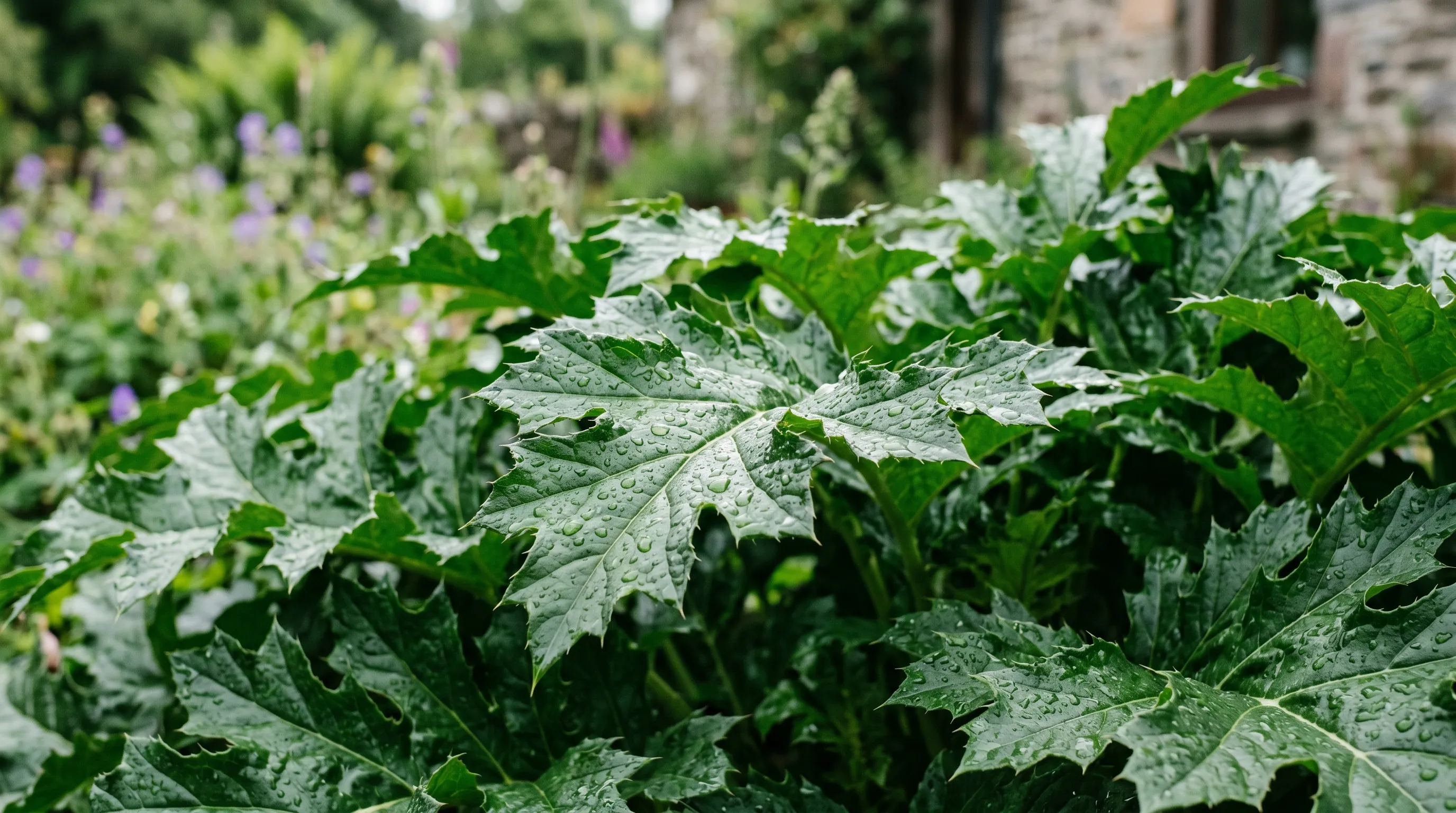 Architectural deeply lobed Acanthus mollis leaves filling the frame in a Welsh cottage garden