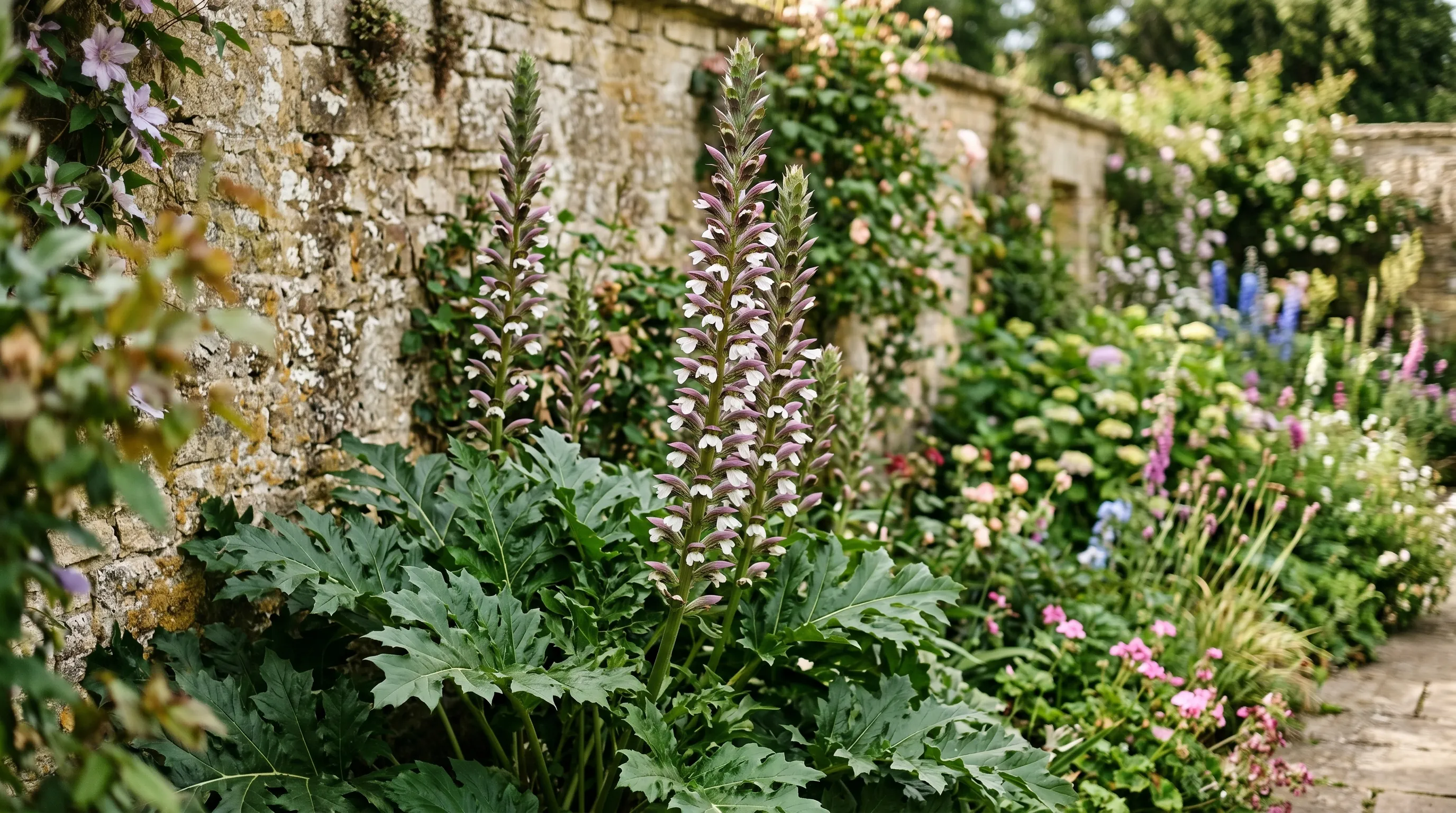 Mature Acanthus mollis Bear's Breeches in flower with 1.5m mauve and white spike against a Cotswold stone wall