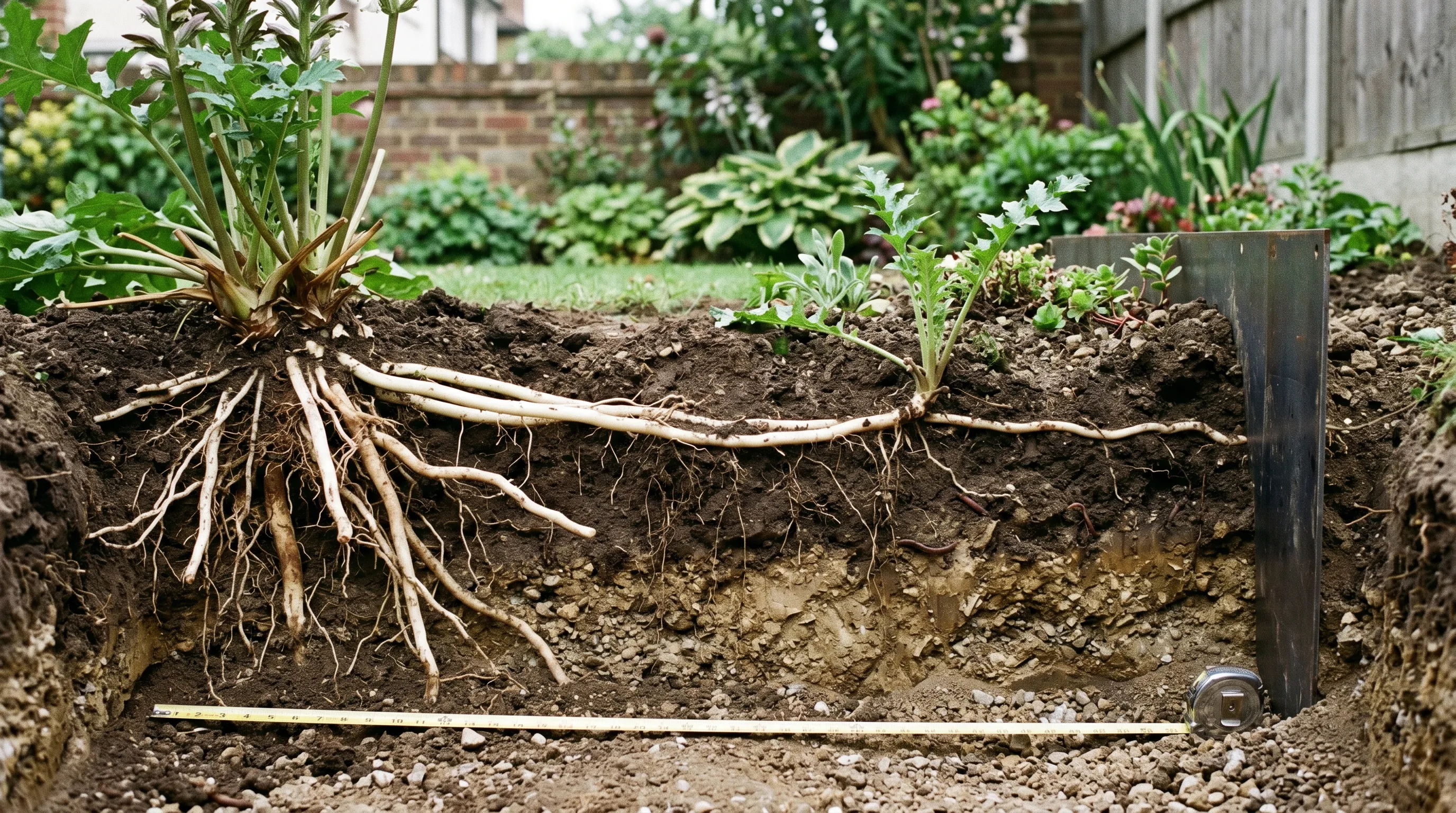 Diagnostic cross-section showing Acanthus roots spreading horizontally 2 metres from the parent plant alongside a vertical metal root barrier
