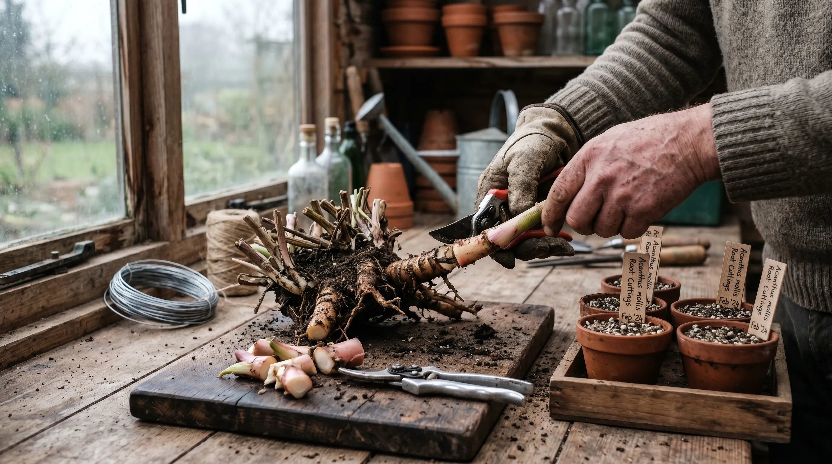 Hands taking a thick fleshy root cutting from a freshly lifted Acanthus crown on a potting bench