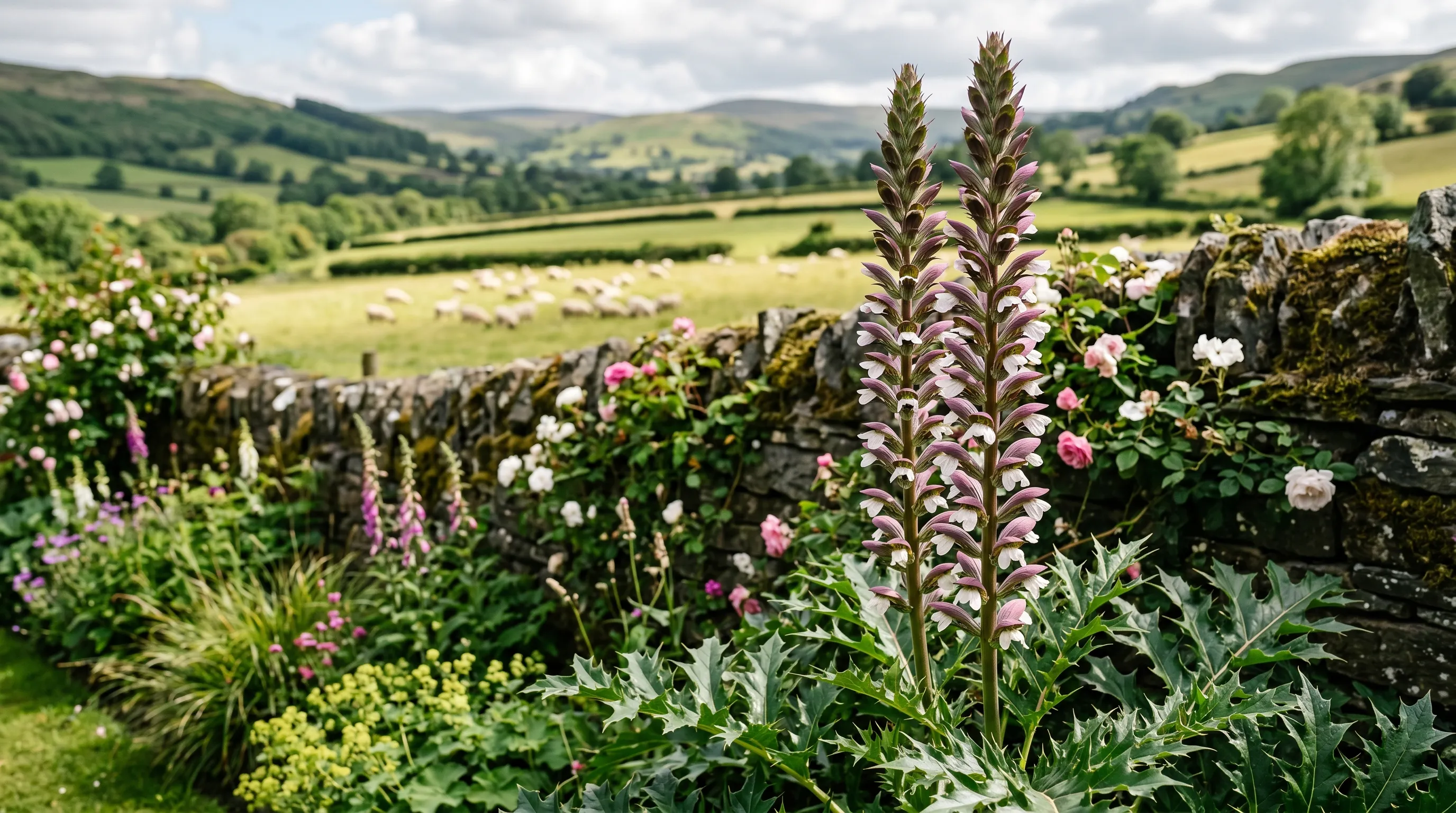Acanthus spinosus with spiked deeply cut leaves and tall flower spike in a Welsh valley garden