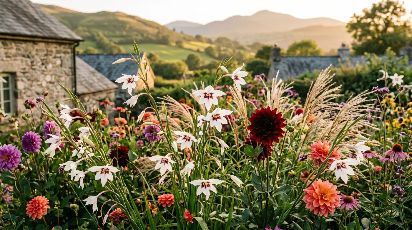 White acidanthera flowers with maroon throats weaving among late-summer dahlias and ornamental grasses in a cottage garden