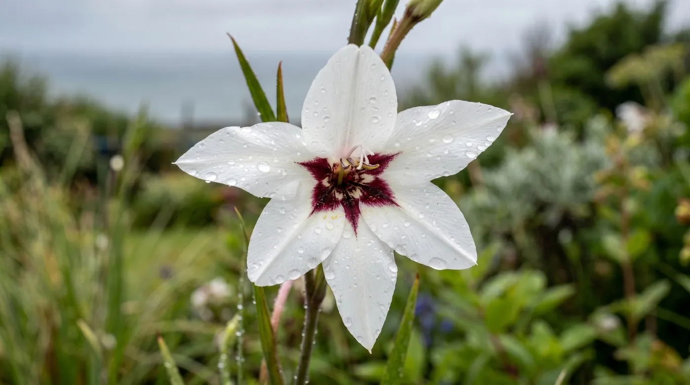 A single acidanthera bloom showing six white petals and a deep maroon star centre with raindrops