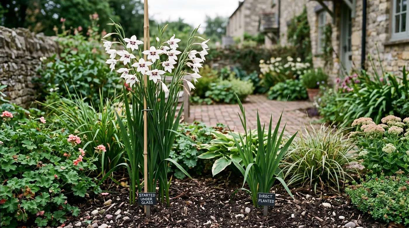 Acidanthera started under glass in March compared with corms planted direct outside in May