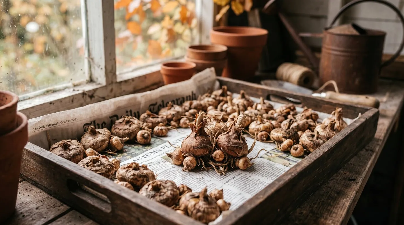 Lifted acidanthera corms drying on newspaper in a wooden tray in a potting shed in autumn