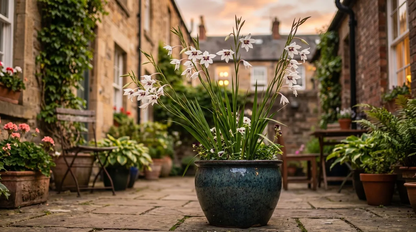 Acidanthera growing in a large glazed pot on a city courtyard terrace with tall arching white flowers