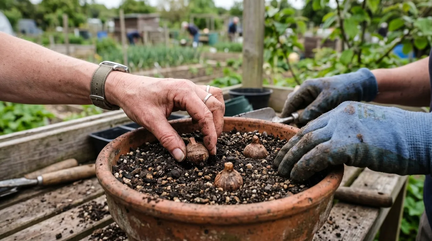 A gardener's hands planting brown acidanthera corms into a pot of gritty compost in spring