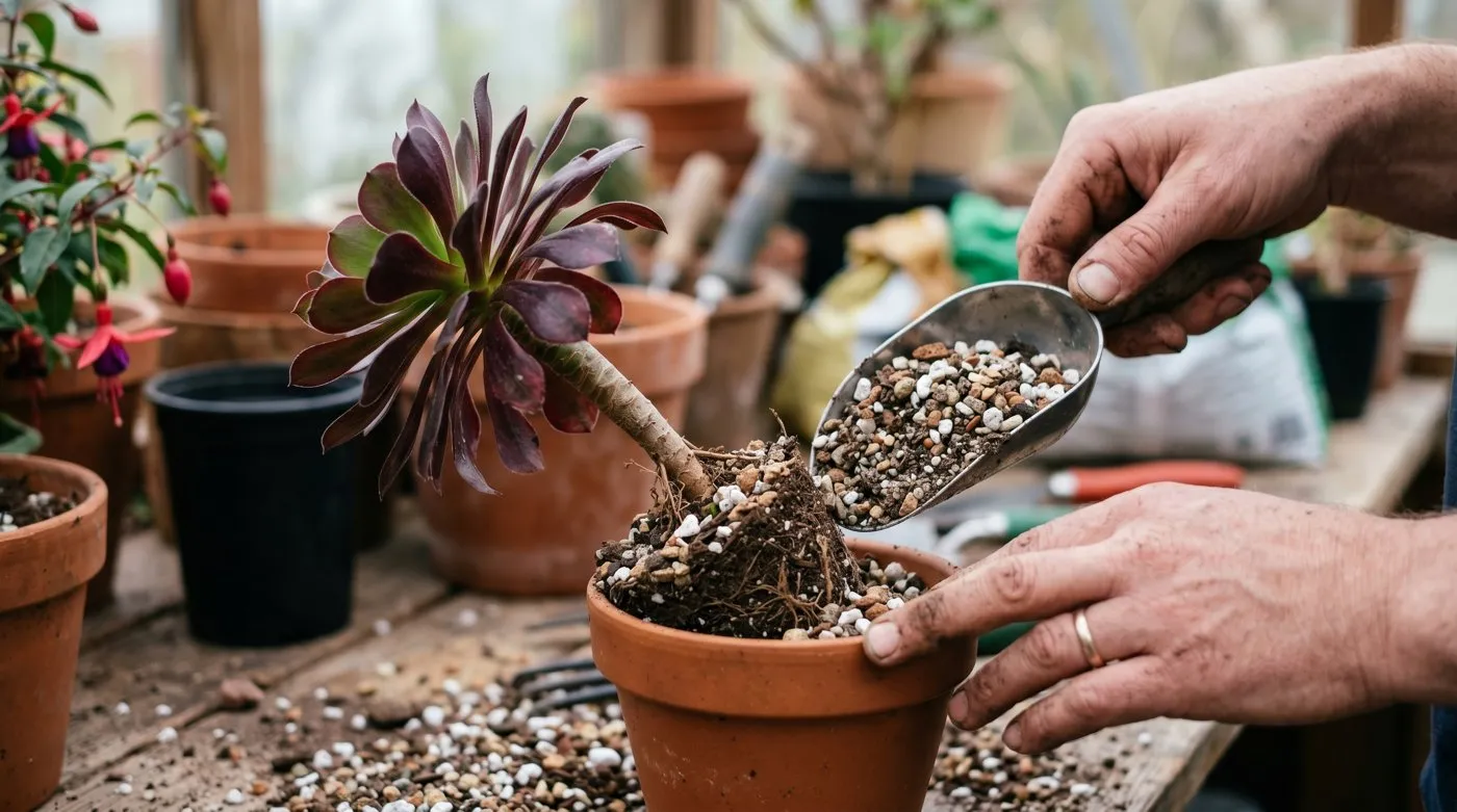 Aeonium being repotted into gritty free-draining cactus compost with perlite and grit