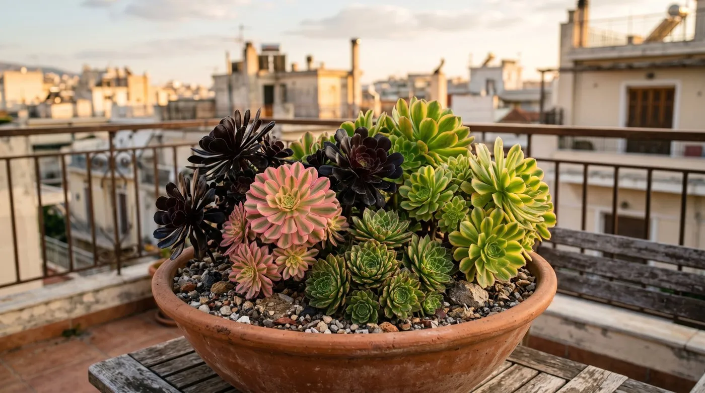 Mixed aeonium varieties massed together in a wide terracotta container on a city balcony