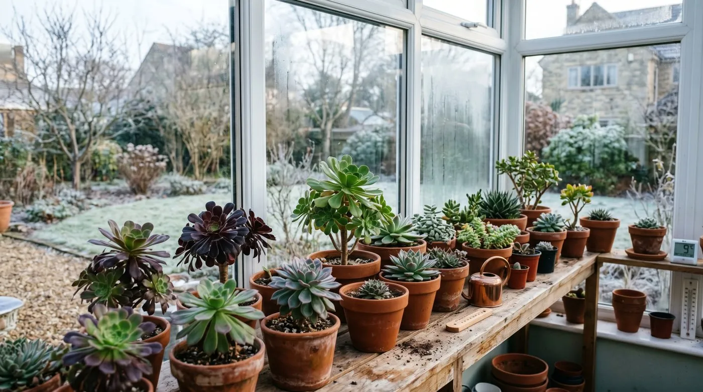 Frost-free conservatory shelf lined with potted aeoniums and succulents overwintering in winter light