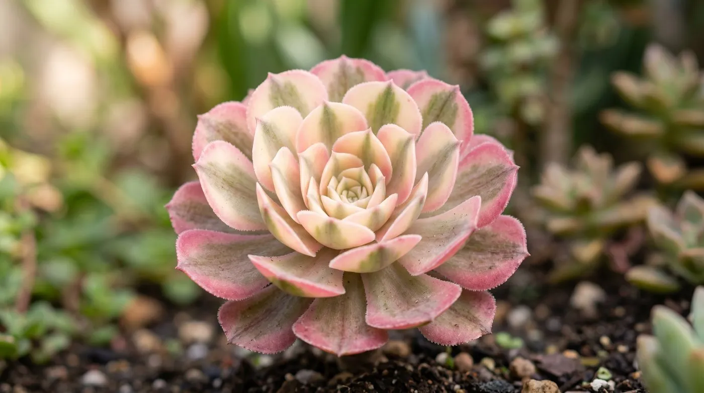 Aeonium Pink Witch rosette close-up showing cream, pink and green variegated leaves