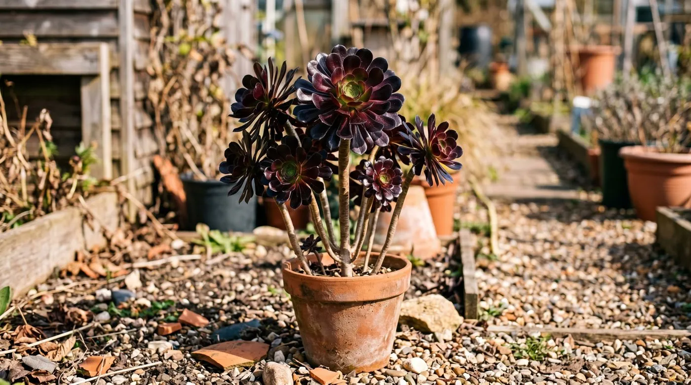 Aeonium Schwarzkopf with tall stems and glossy near-black dark rosettes in the sun