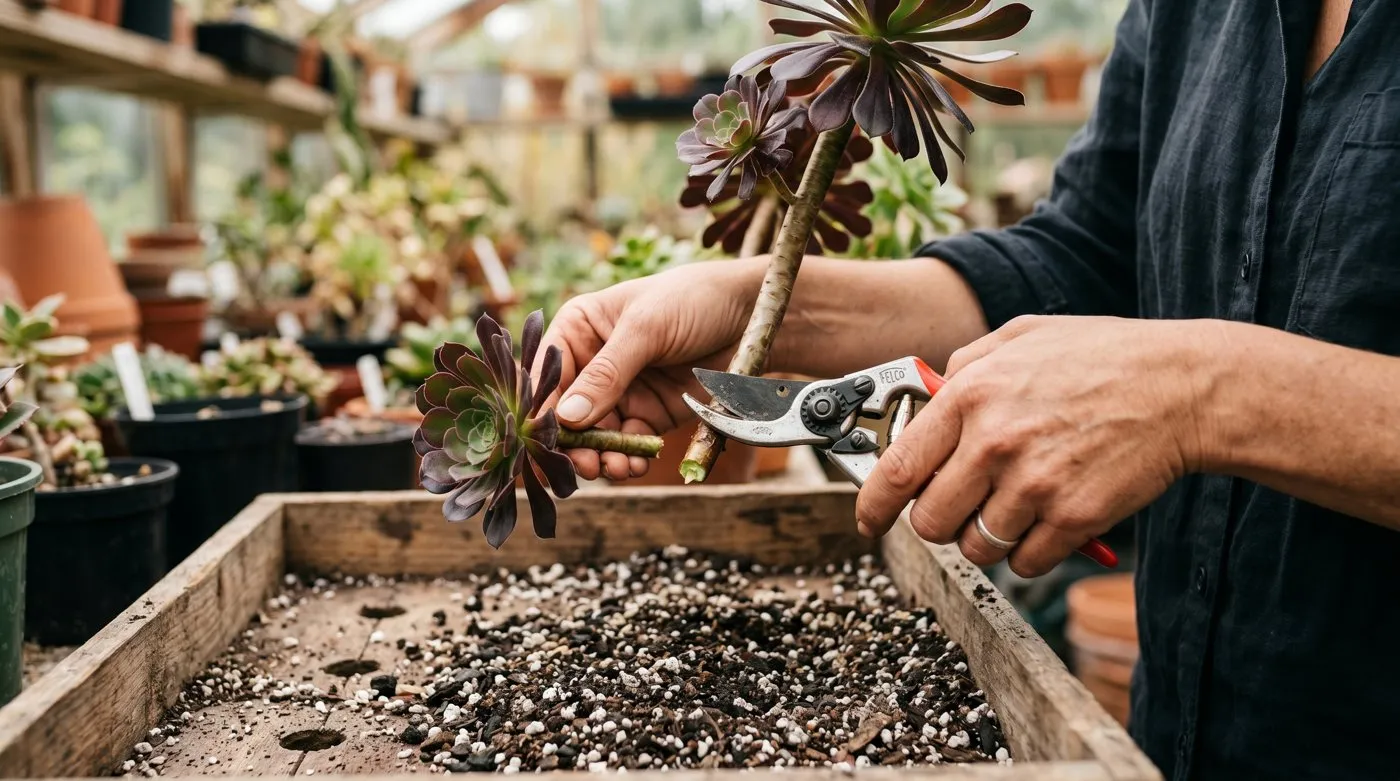 Hands taking an aeonium stem cutting with secateurs above a tray of gritty compost