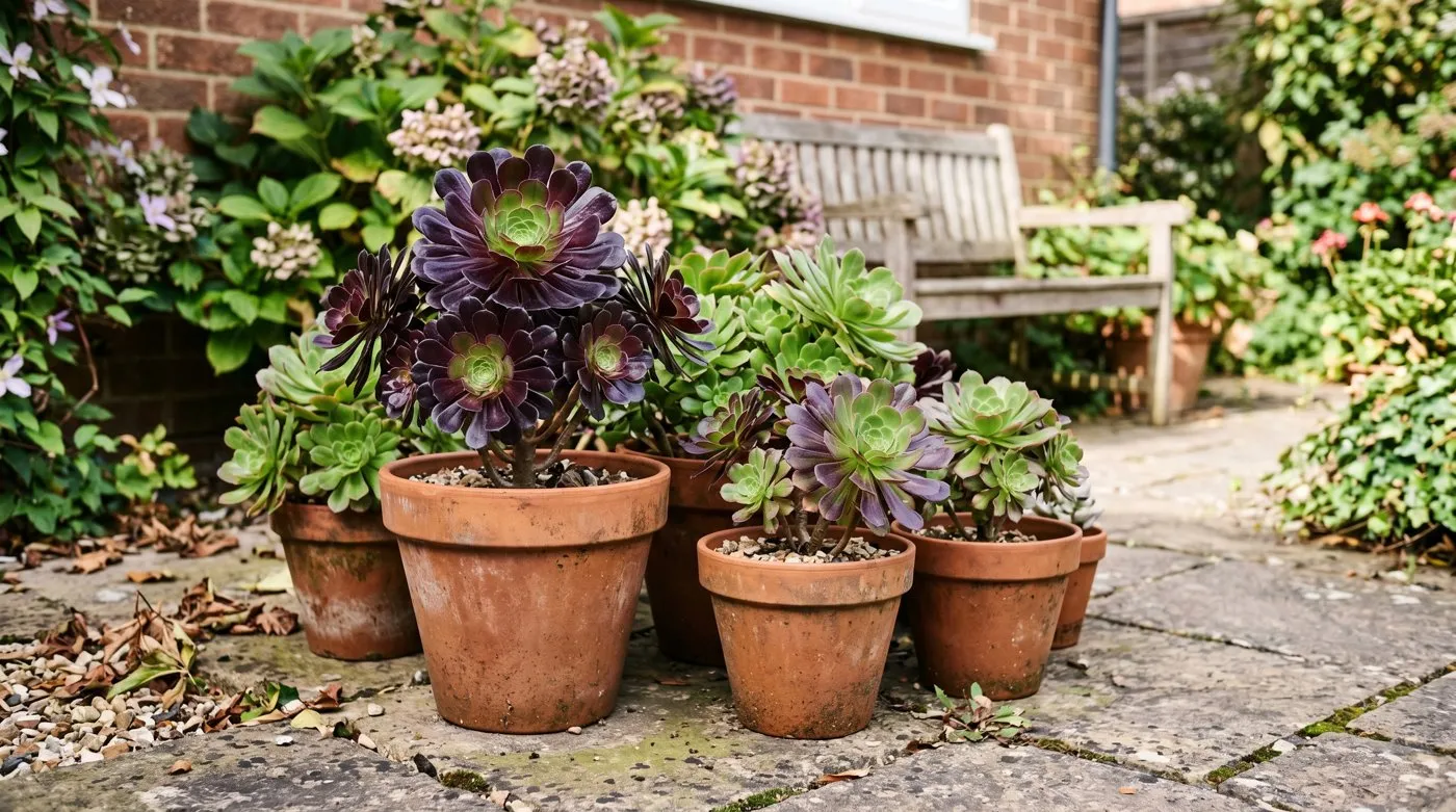 Aeonium succulents in terracotta pots on a sunny UK patio, including green and dark-purple rosettes