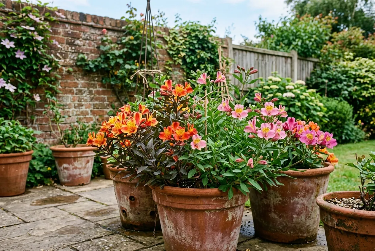 Alstroemeria plants growing in terracotta containers on a UK patio with mixed varieties