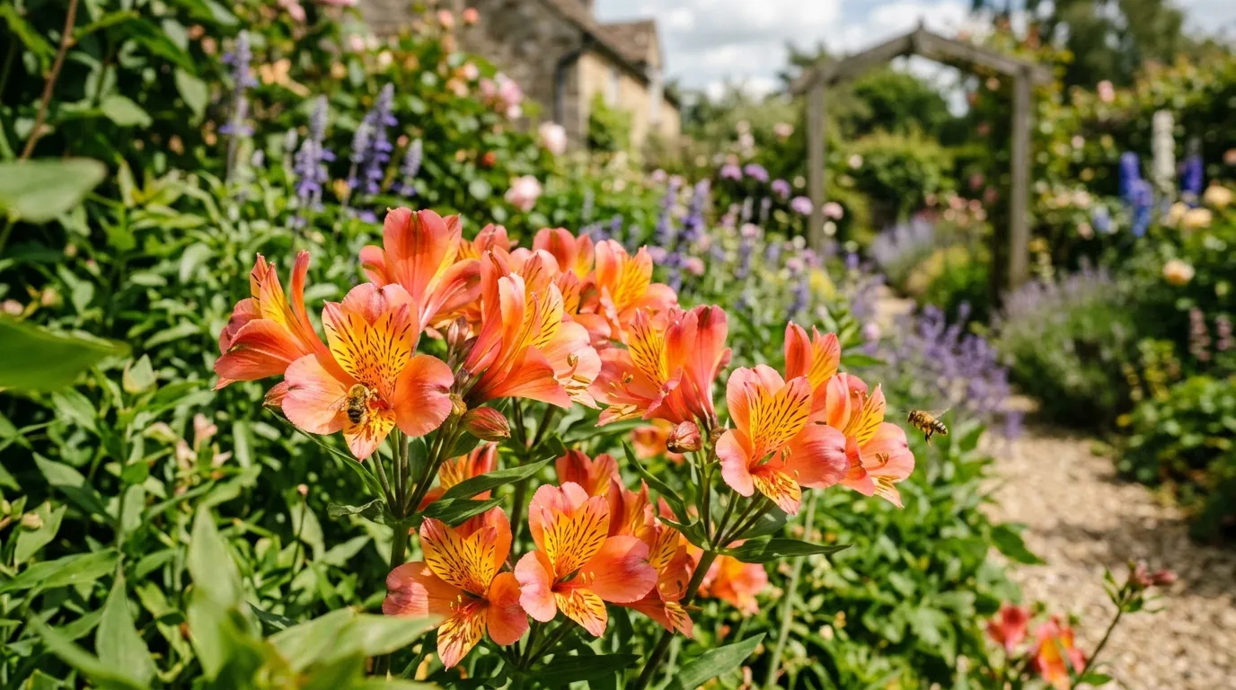 Alstroemeria flowers blooming in a sunny UK cottage garden border with bees visiting orange and yellow blooms