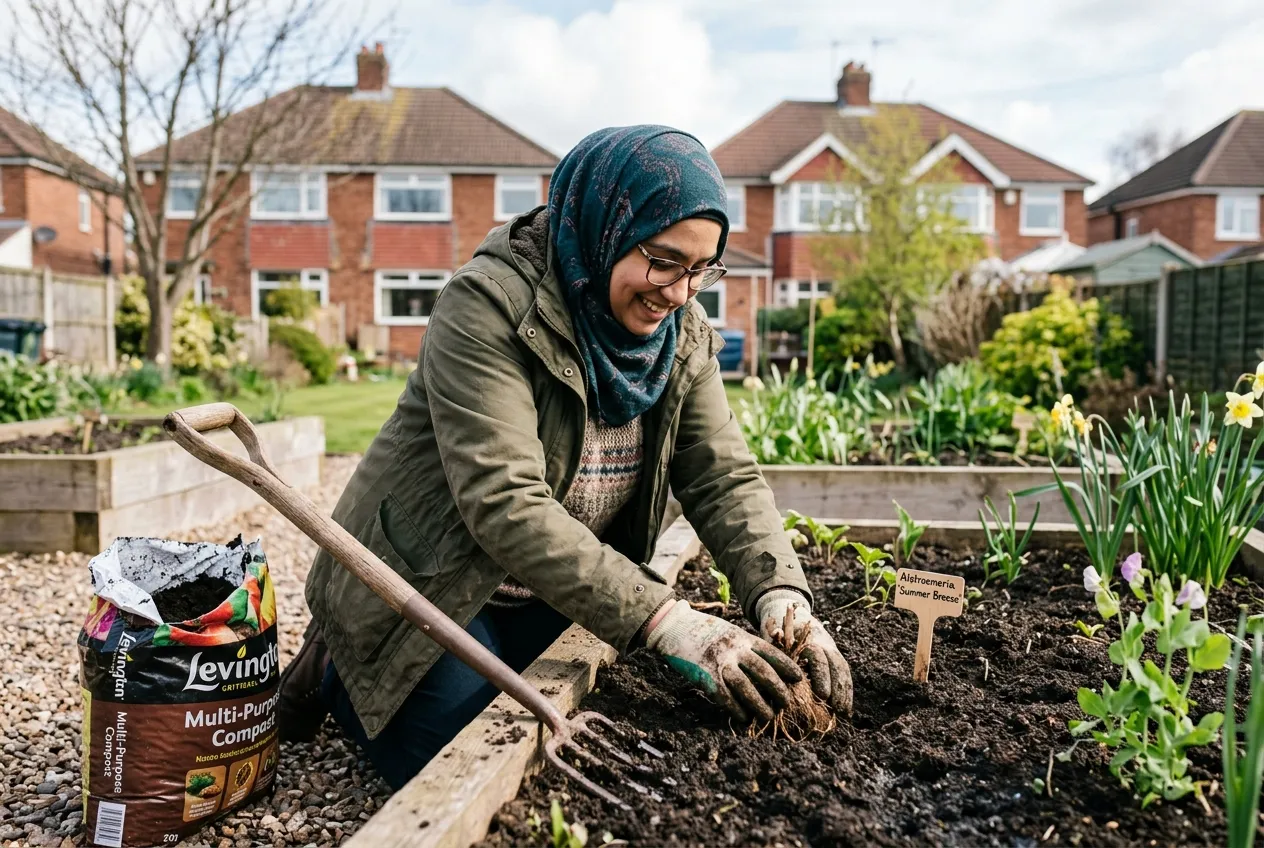 Alstroemeria tubers being planted in a suburban UK raised bed in spring