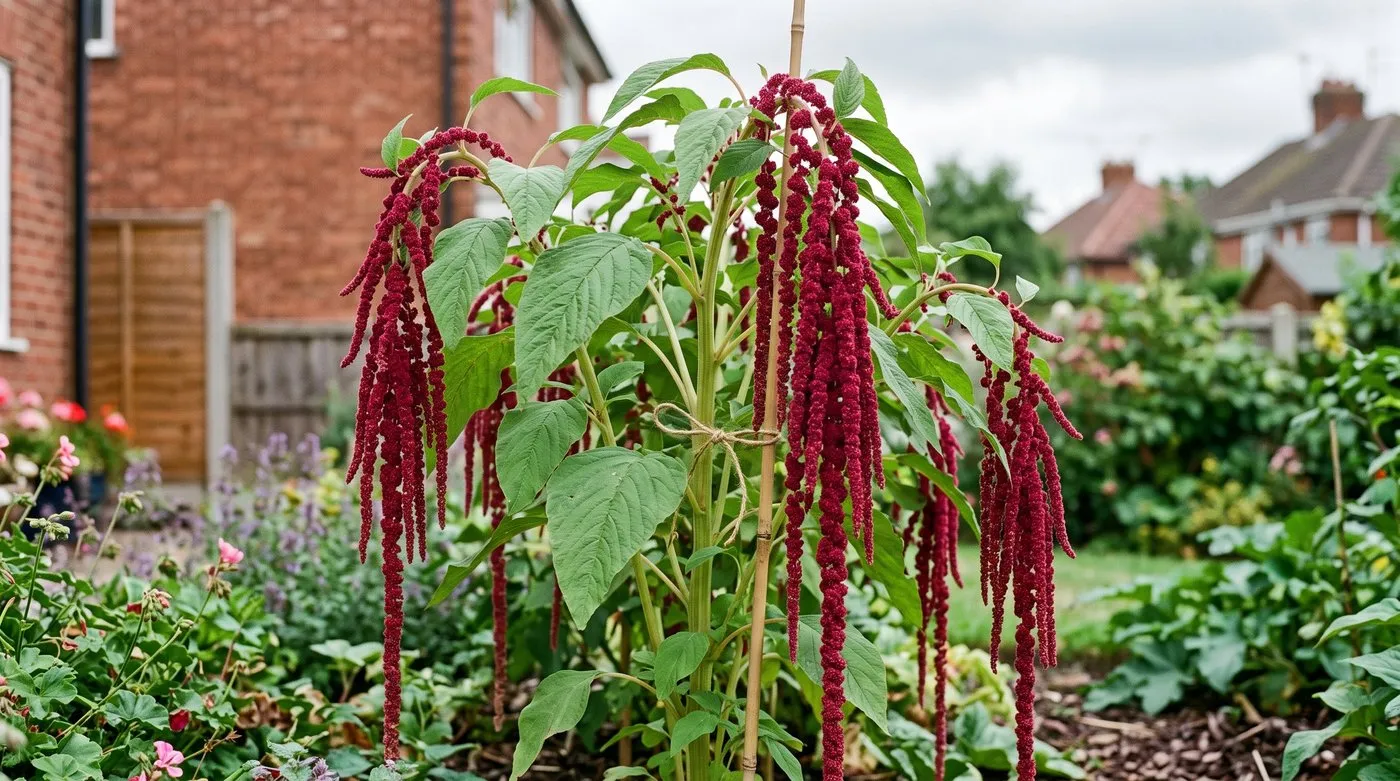 Amaranthus caudatus love-lies-bleeding in flower, long crimson rope-like tassels hanging from an upright plant in a Leicester suburban garden