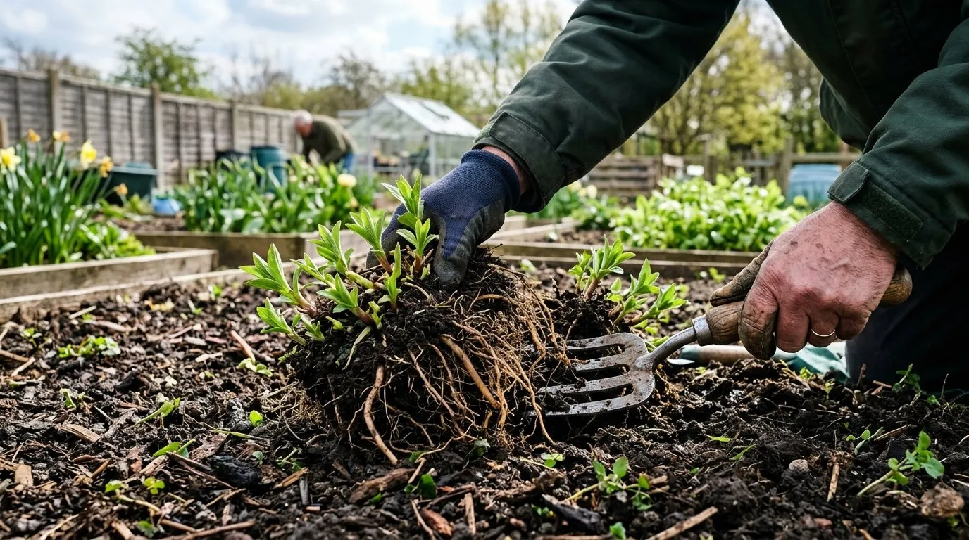 Hands dividing an aster clump with a garden fork on an allotment showing healthy roots and new shoots