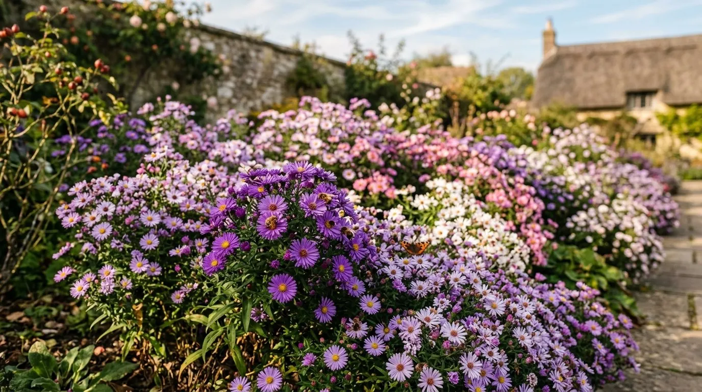 Purple pink and white asters flowering in an English garden border in autumn