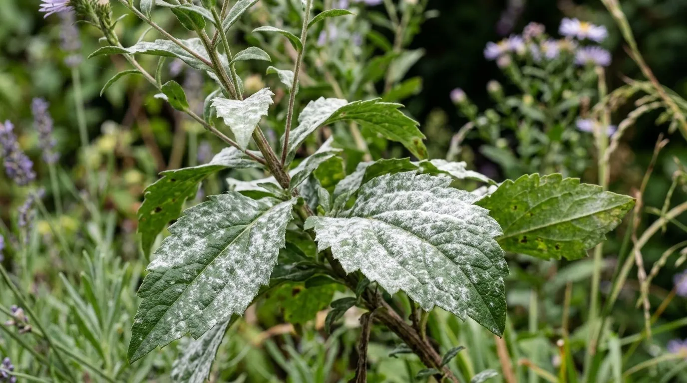 Close-up of aster leaves showing white powdery mildew coating on lower foliage for disease identification