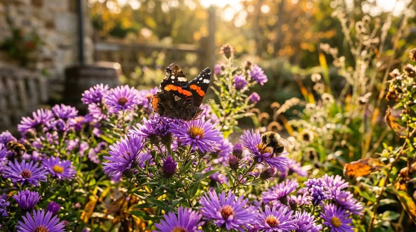 Red admiral butterfly and bees feeding on purple aster flowers in a UK autumn garden with golden backlight