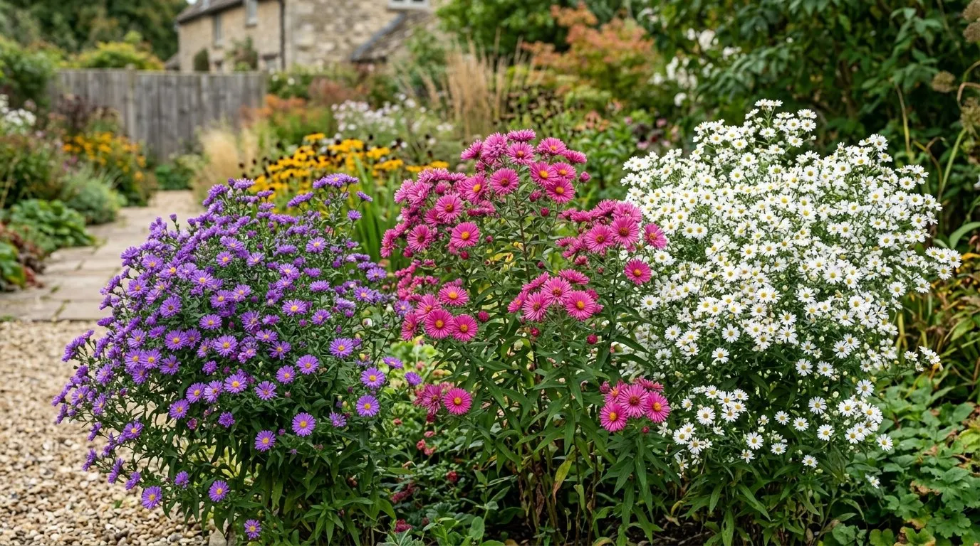 Three different aster varieties growing side by side showing purple pink and white flowers in a UK garden border