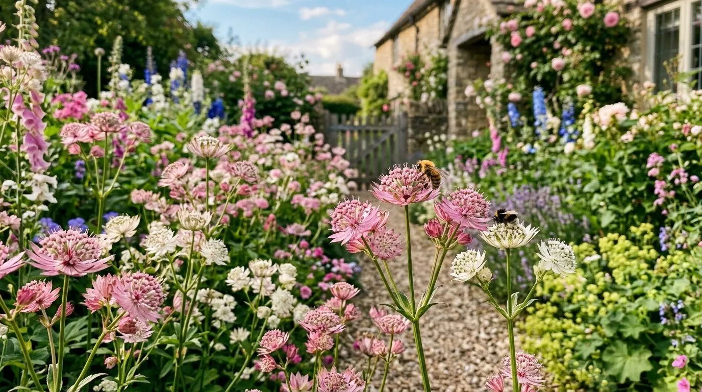Astrantia major masterwort flowers in pink and white in a British cottage garden border