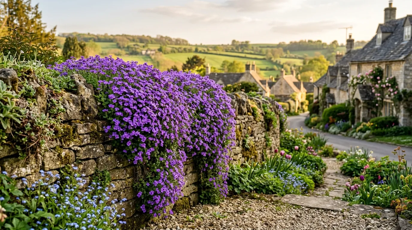 Purple aubretia cascading over a dry stone wall in a sunny UK village garden in spring