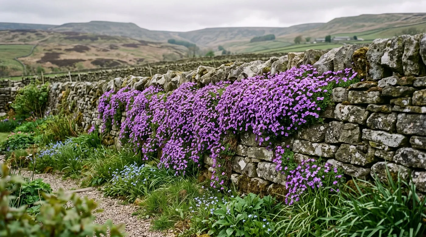 Aubrieta rock cress sheeting a dry-stone wall with purple flowers in a Peak District garden in April