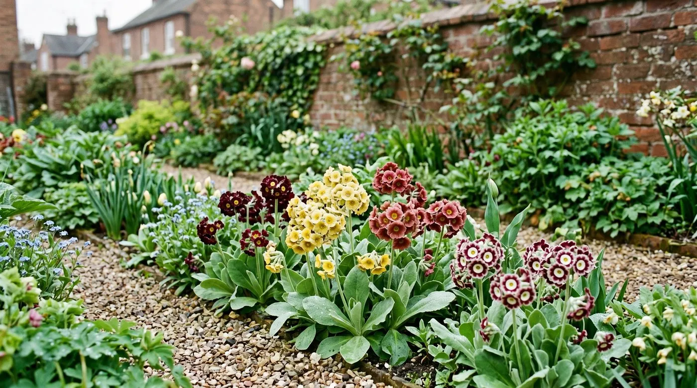 Border auriculas flowering in a spring cottage garden border in the Midlands