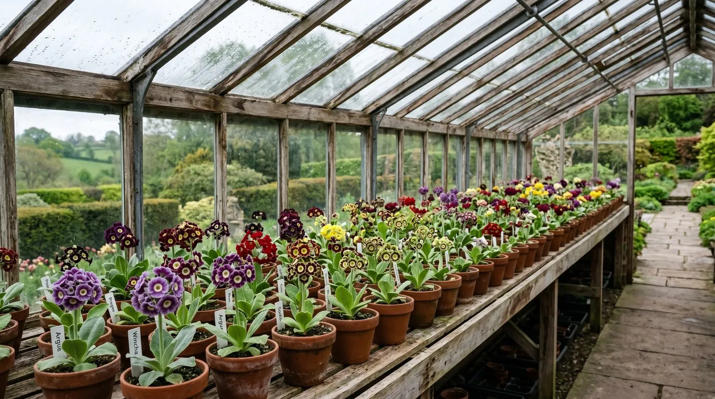 Potted auriculas sheltered under cold glass on staging in a Staffordshire garden