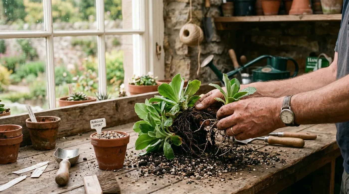 A gardener dividing a rooted offset from a parent auricula plant