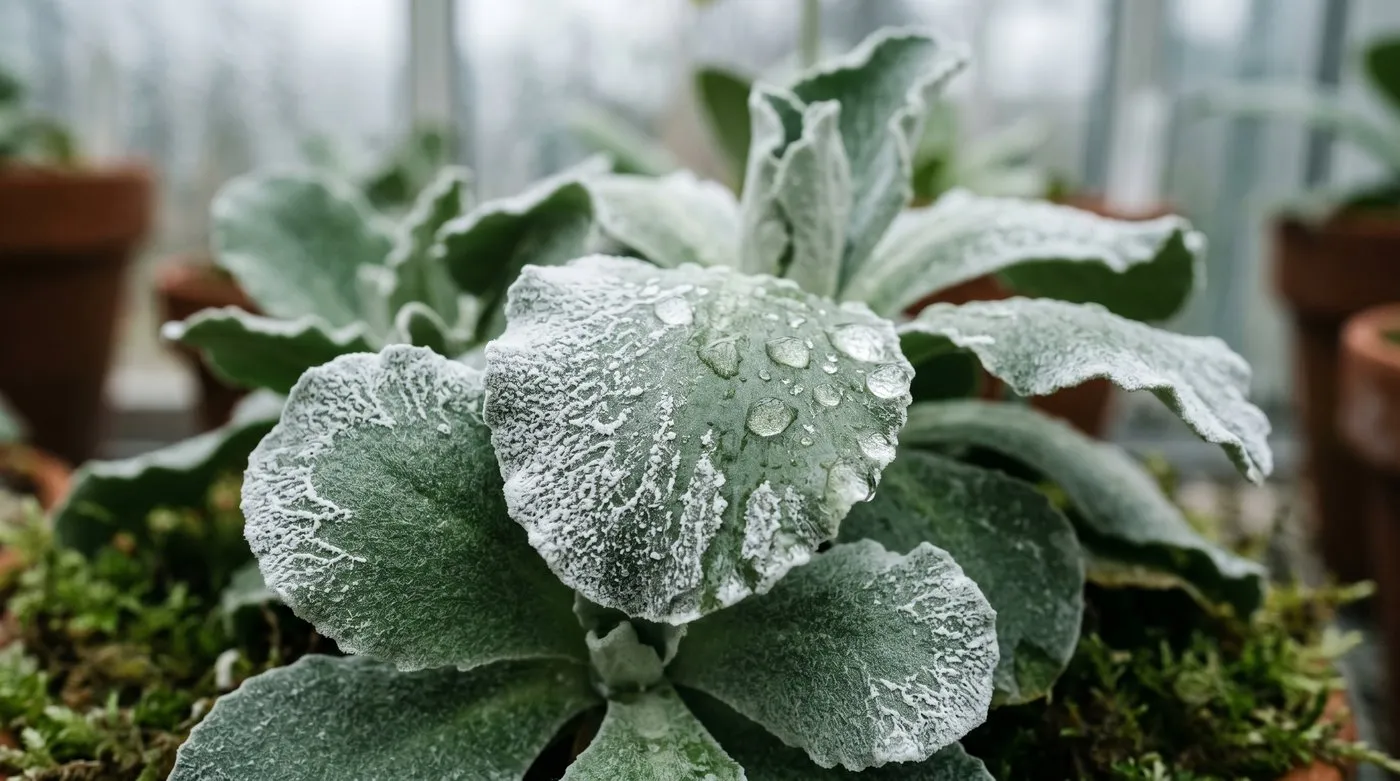Mealy white farina dusting the grey-green leaves of a Primula auricula