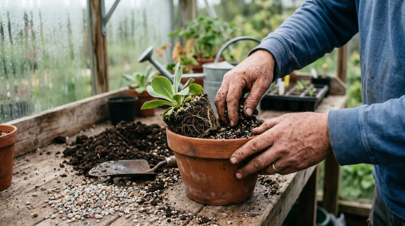 Gritty compost being mixed with grit beside a clay pot for repotting an auricula